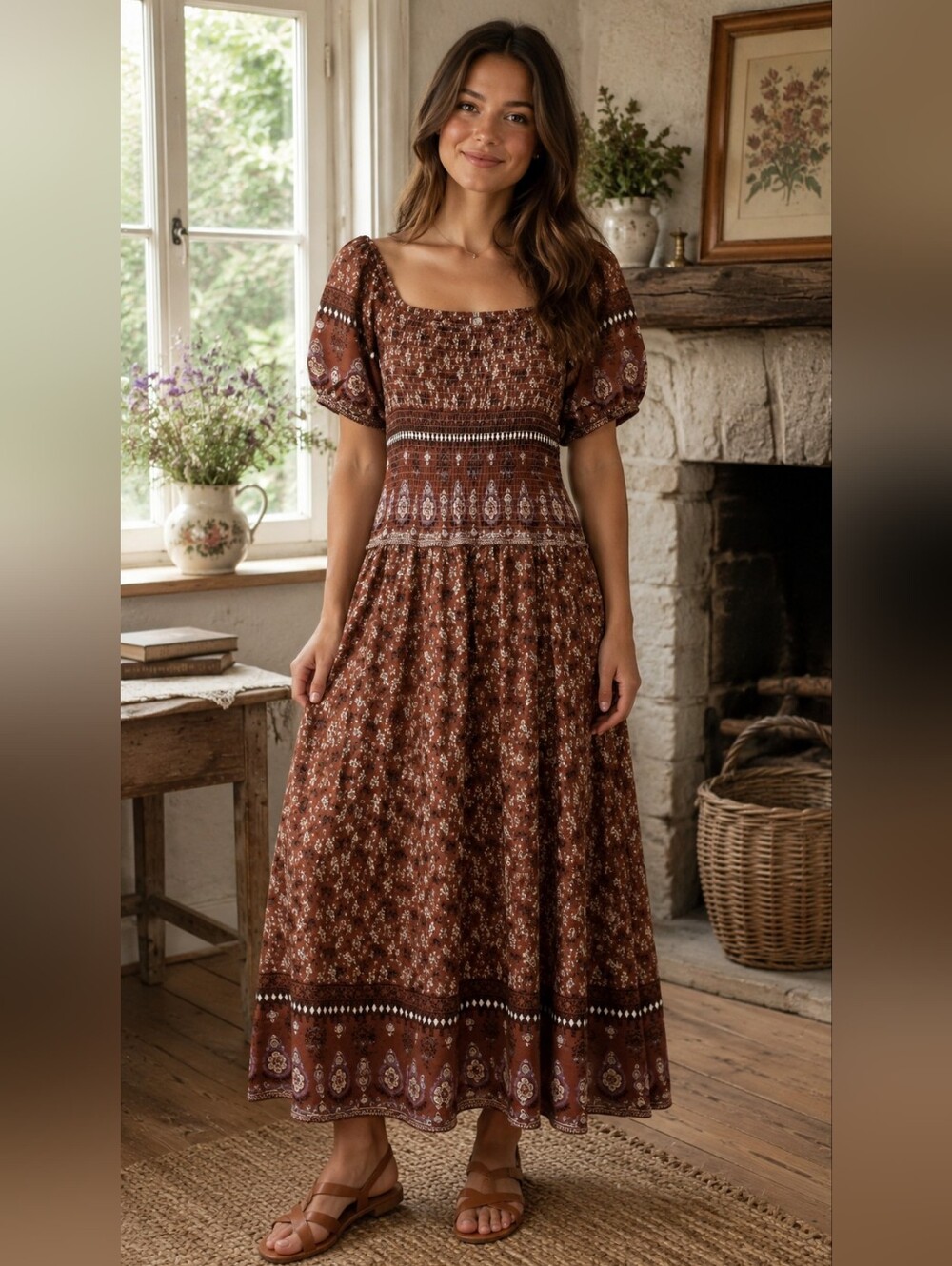 Women's Brown Floral Smocked Maxi Dress